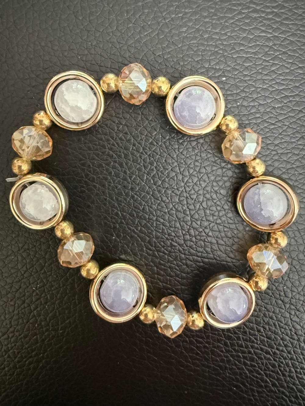 Light Pink & White Stone and Glass Circle Beaded & Faceted Stretch Bracelet